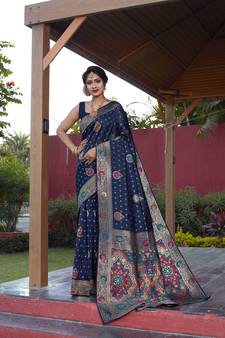 Navy blue hand woven Banarasi silk blend saree with blouse
