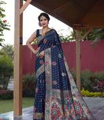 Navy blue hand woven Banarasi silk blend saree with blouse