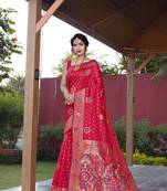 Pink hand woven Banarasi silk blend saree with blouse