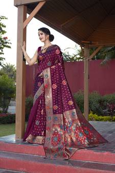 Wine hand woven Banarasi silk blend saree with blouse