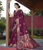 Wine hand woven Banarasi silk blend saree with blouse