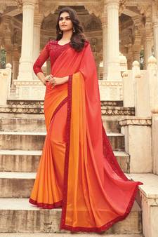 Red embroidered silk blend saree with blouse