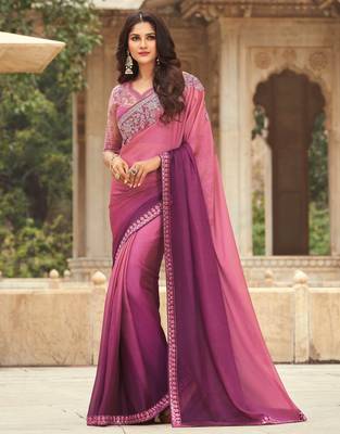 Purple embroidered silk blend saree with blouse 1