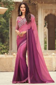 Purple embroidered silk blend saree with blouse
