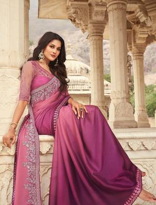 Purple embroidered silk blend saree with blouse 2