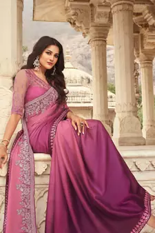 Purple embroidered silk blend saree with blouse