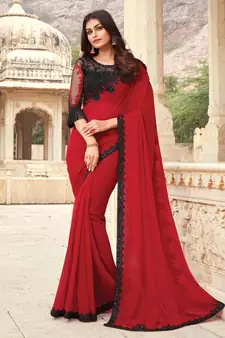 Red embroidered georgette saree with blouse