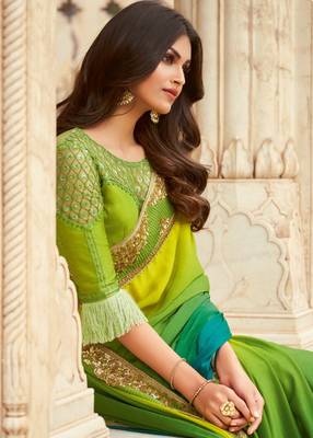 Green embroidered silk blend saree with blouse 2