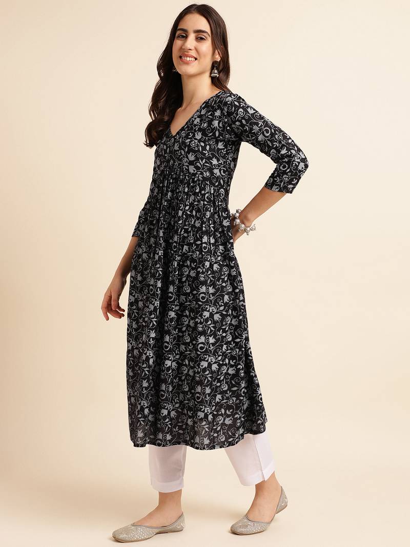 Black printed rayon ethnic-kurtis