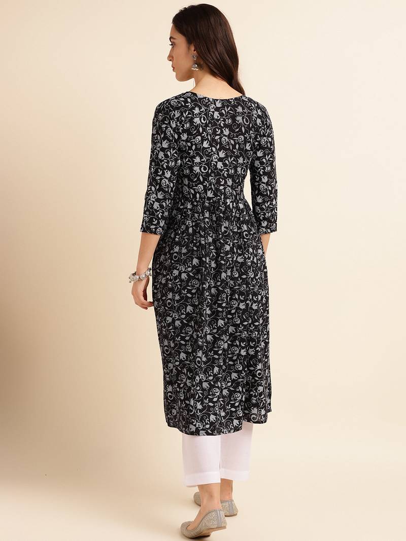 Black printed rayon ethnic-kurtis