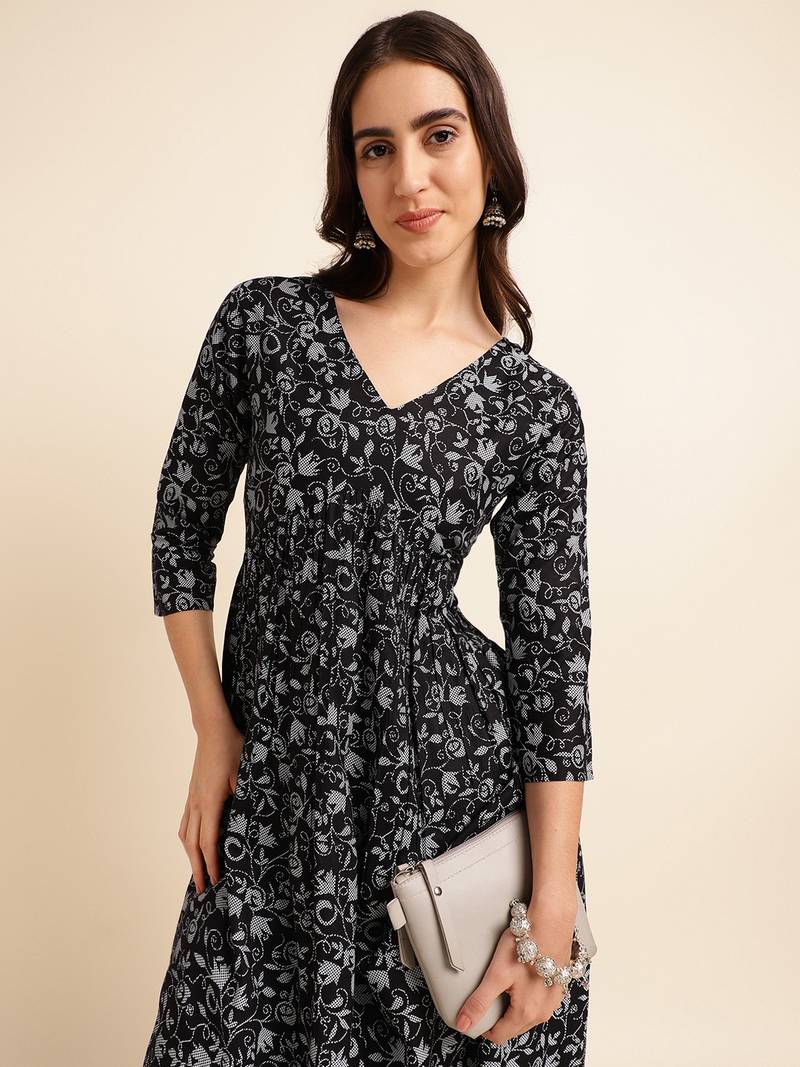Black printed rayon ethnic-kurtis