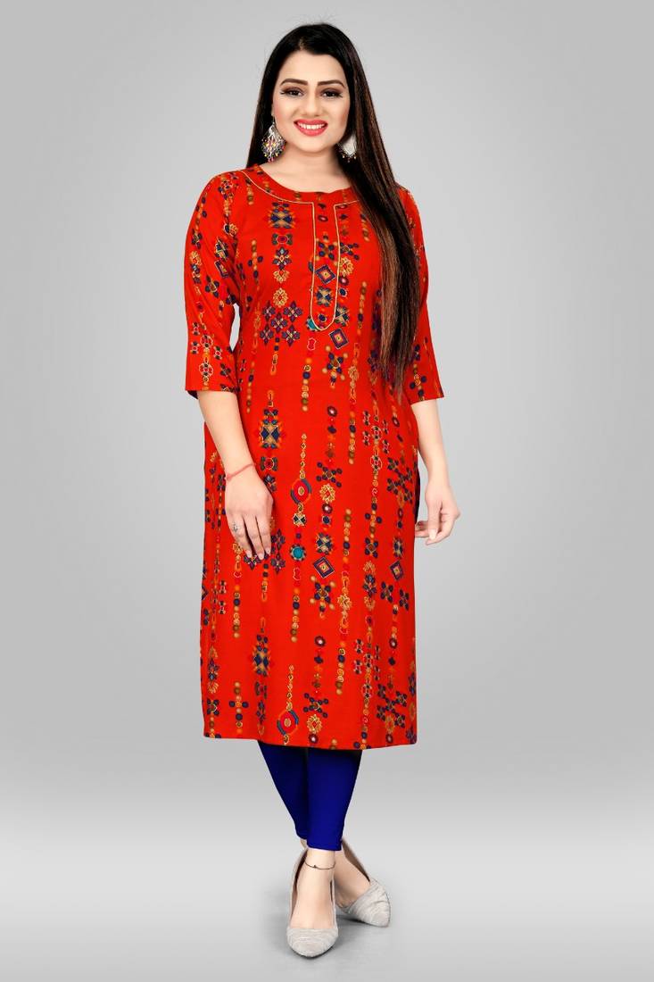 Livuniq's 14kg Orange Color Rayon Printed Kurti: Elevate Your Style with Comfort and Luxury