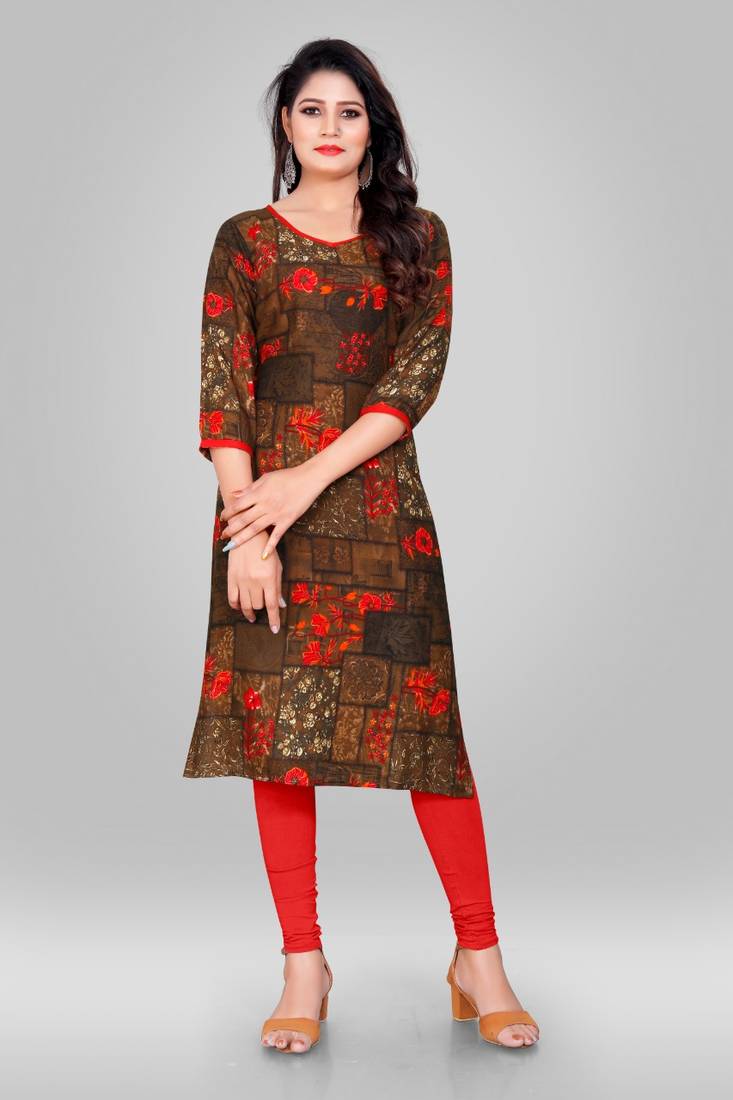 Livuniq's Brown Orange Color Rayon Printed Kurti