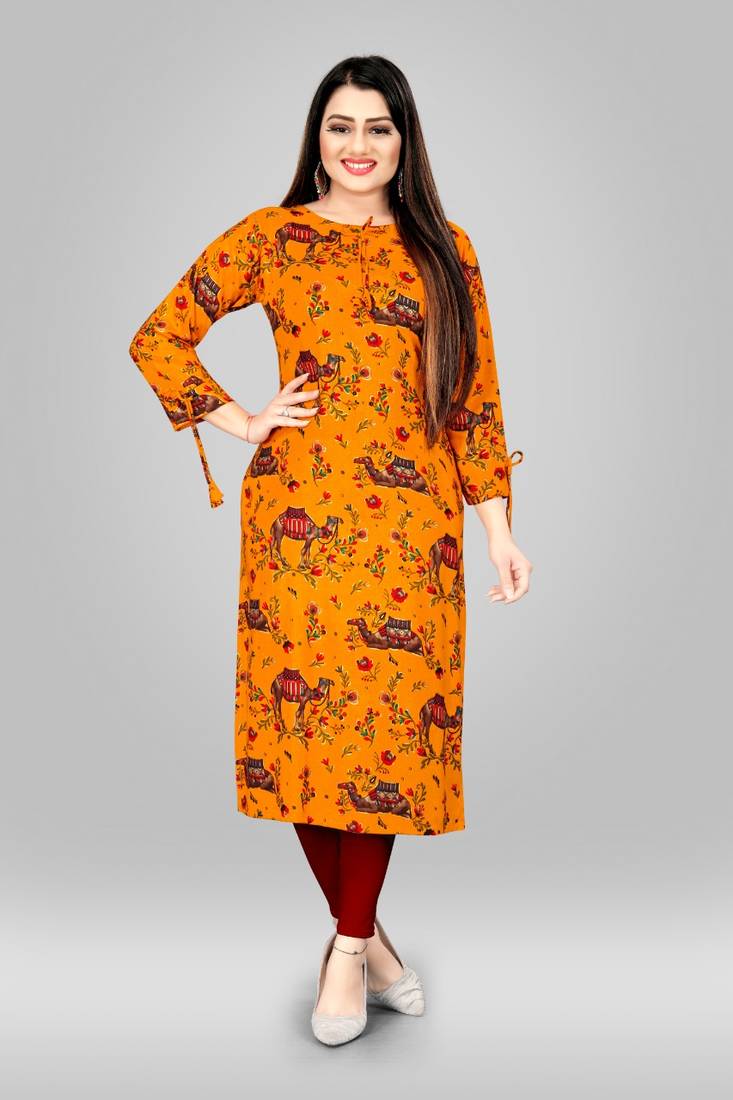 Livuniq's Saffron Color Rayon Printed Kurti