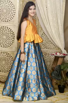 Blue zari silk blend stitched lehenga