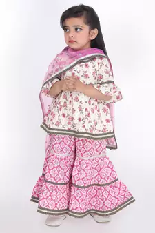 Biege printed kurti pink printed sharara