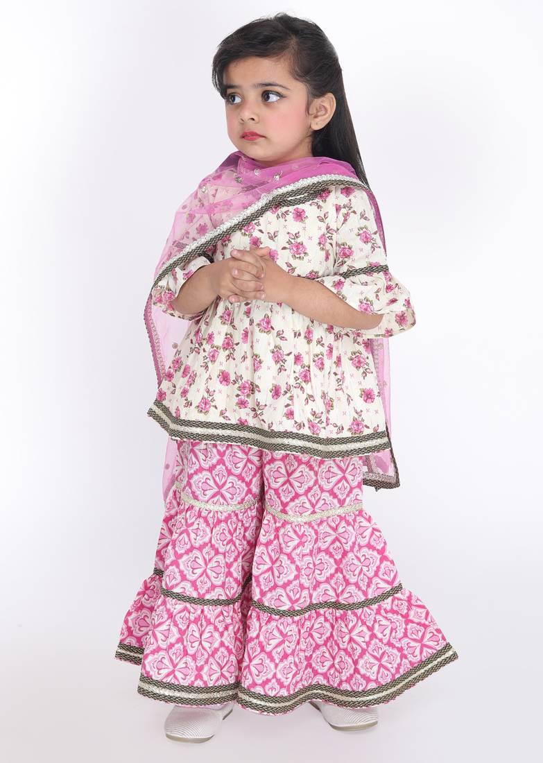 Biege printed kurti pink printed sharara