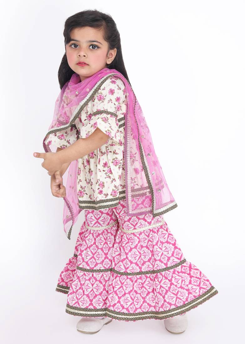 Biege printed kurti pink printed sharara
