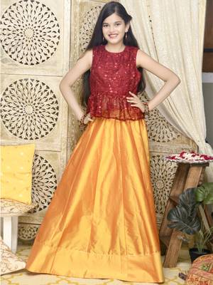 Mustard plain art silk stitched lehenga 1