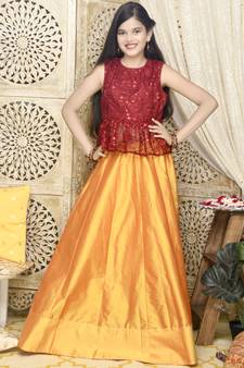 Mustard plain art silk stitched lehenga