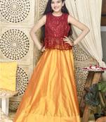 Mustard plain art silk stitched lehenga