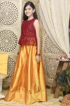 Mustard plain art silk stitched lehenga