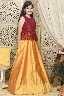 Mustard plain art silk stitched lehenga