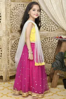 Yellow plain net stitched lehenga