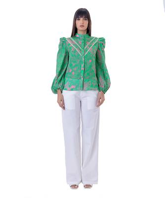 Floral Printed Shirt with Blouson Sleeves & Lace Detail 1