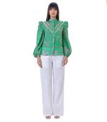 Floral Printed Shirt with Blouson Sleeves & Lace Detail