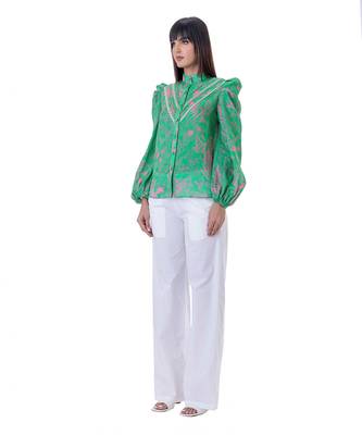 Floral Printed Shirt with Blouson Sleeves & Lace Detail 2