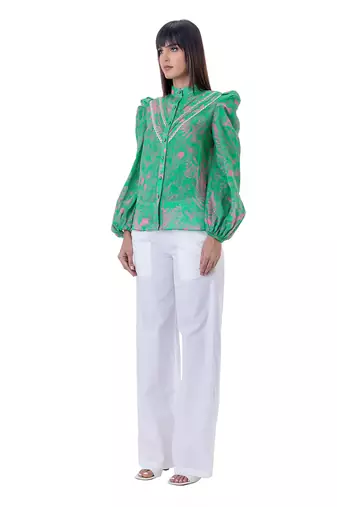 Floral Printed Shirt with Blouson Sleeves & Lace Detail