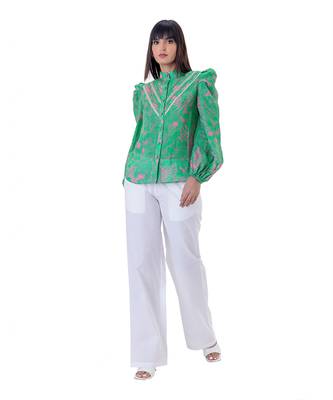 Floral Printed Shirt with Blouson Sleeves & Lace Detail 3