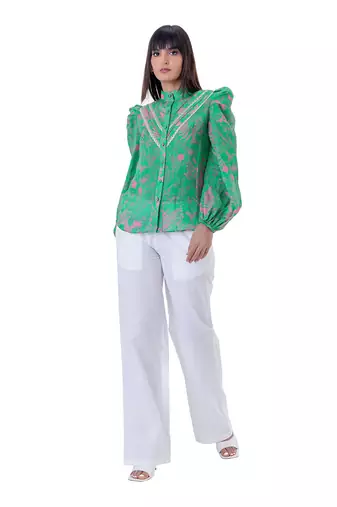 Floral Printed Shirt with Blouson Sleeves & Lace Detail