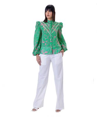 Floral Printed Shirt with Blouson Sleeves & Lace Detail 4