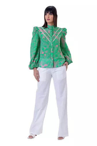 Floral Printed Shirt with Blouson Sleeves & Lace Detail