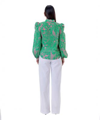 Floral Printed Shirt with Blouson Sleeves & Lace Detail 5
