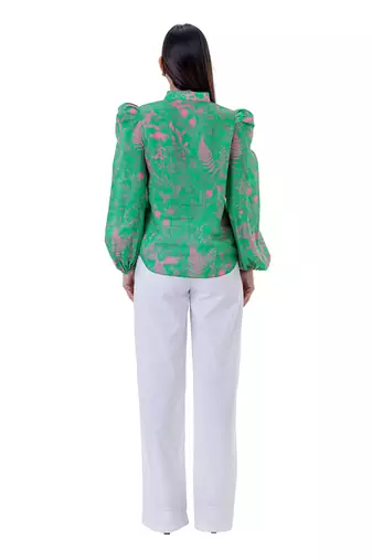 Floral Printed Shirt with Blouson Sleeves & Lace Detail