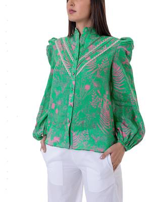 Floral Printed Shirt with Blouson Sleeves & Lace Detail 6