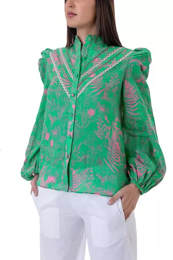 Floral Printed Shirt with Blouson Sleeves & Lace Detail