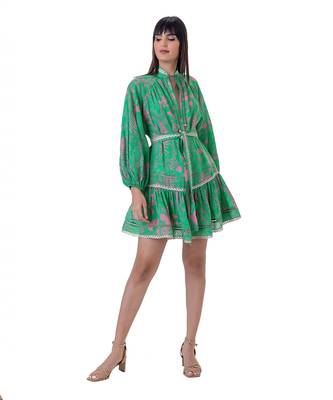 Floral Printed Mini Dress with Lace Detail and Belt 1