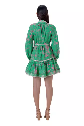 Floral Printed Mini Dress with Lace Detail and Belt