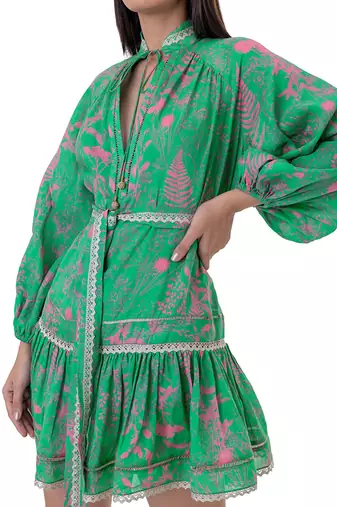 Floral Printed Mini Dress with Lace Detail and Belt