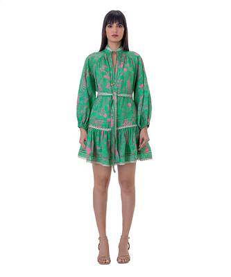 Floral Printed Mini Dress with Lace Detail and Belt 4
