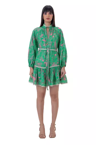 Floral Printed Mini Dress with Lace Detail and Belt