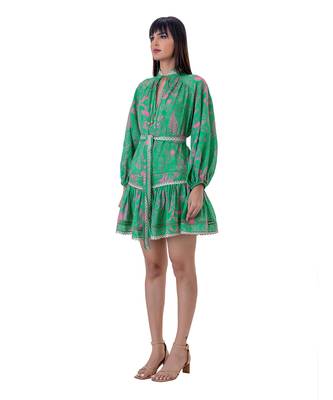 Floral Printed Mini Dress with Lace Detail and Belt 5