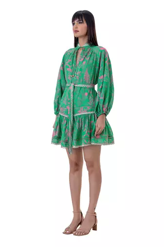 Floral Printed Mini Dress with Lace Detail and Belt