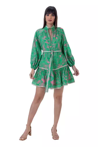 Floral Printed Mini Dress with Lace Detail and Belt
