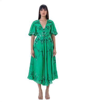 Floral Embroidered Midi Dress with Blouson Sleeves and Belt 1