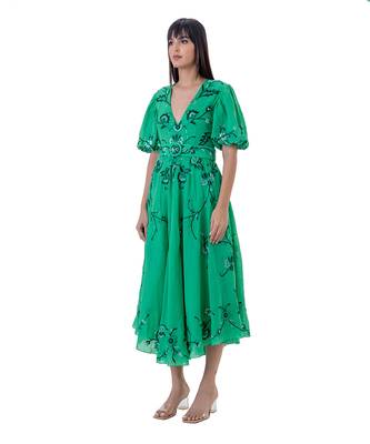 Floral Embroidered Midi Dress with Blouson Sleeves and Belt 2